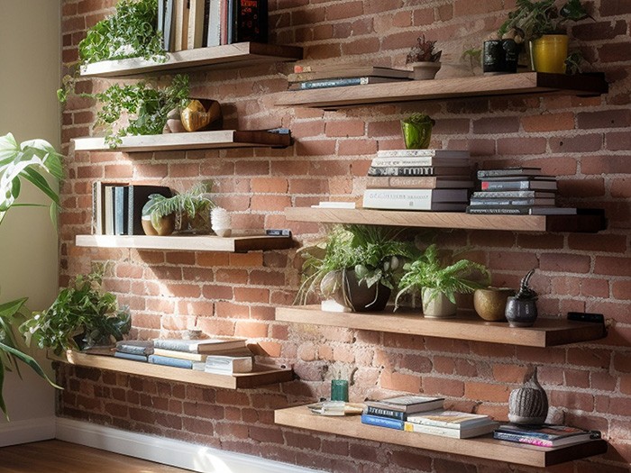 Brick wall with multiple floating shelves neatly displaying books, plants, and vases.